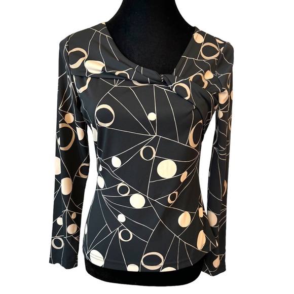 Worth Knot Front Black & Tan Stretch Polka Dot Top - Picture 1 of 6